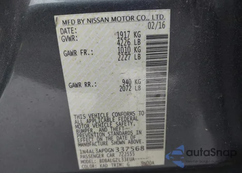 2016 Nissan Altima 2.5/2.5 S/2.5 Sl/2.5 Sr/2.5 Sv from USA, damaged, VIN 1N4AL3AP0GN337568